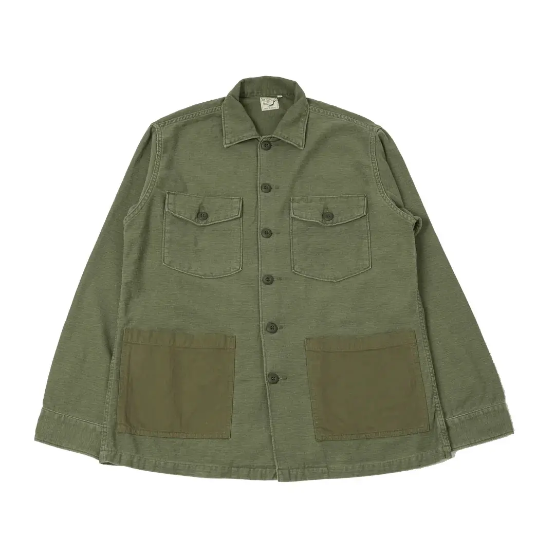 orSlow-Contrast-Pocket-Sateen-Overshirt-Olive-Stone-Front orSlow Contrast Pocket Sateen Overshirt – Olive Stone
